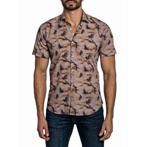 Jared Lang Shirt Mens L Brown Birds Printed Button Front Short Sleeve Slim Fit